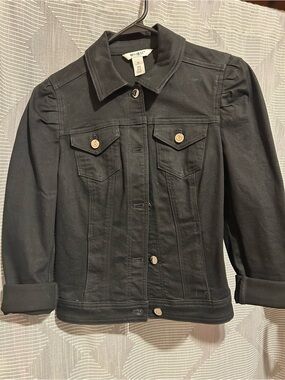White House Black Market Black Denim Jean Jacket with Puff Sleeve Detail